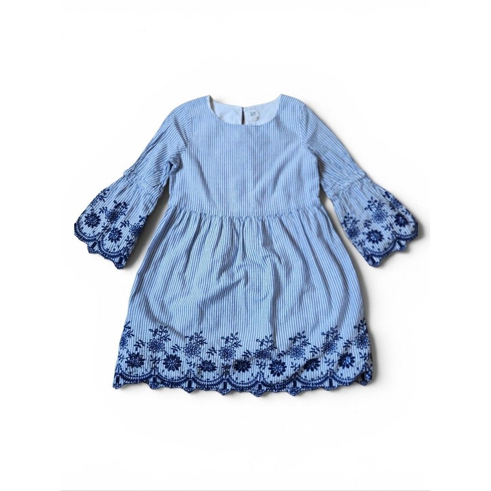 GAP Kids Girls' Dress Size S Small Blue White Stripes Embroidered Bell Sleeves